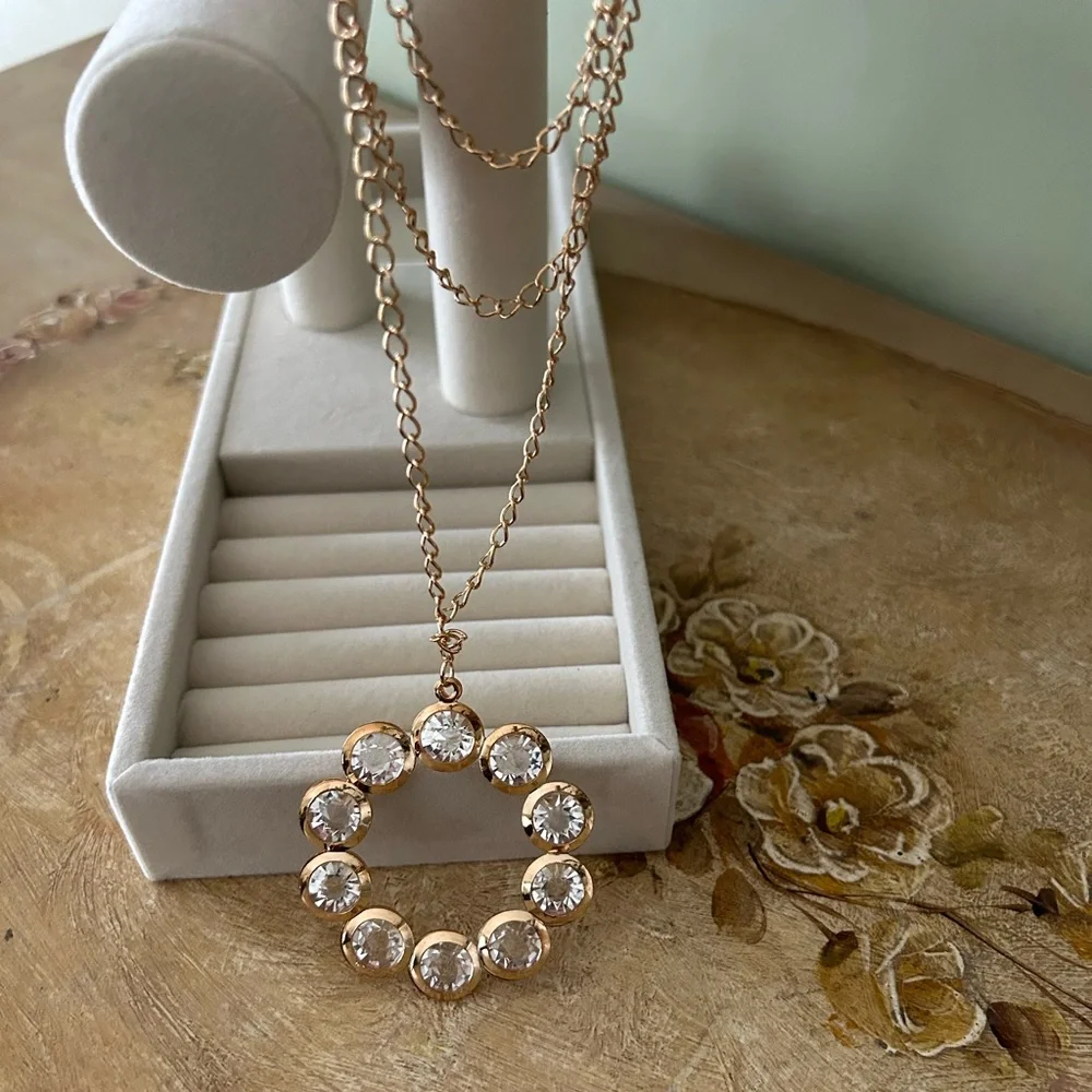 New Bling Statement Necklace,4 Layer Gold Tone Chain Link,Rhinestone Pendant - Picture 2 of 4